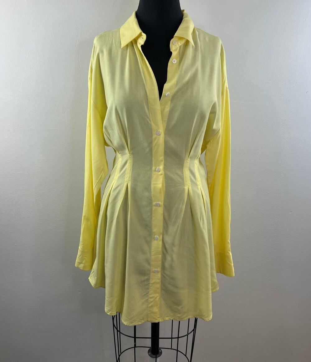 CUPSHE Light Yellow Button-Down Long Sleeve Knee Length A-Line Shirt Dress M